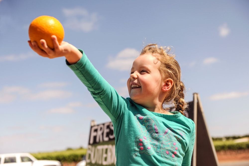 Child holding a freshly picked orange